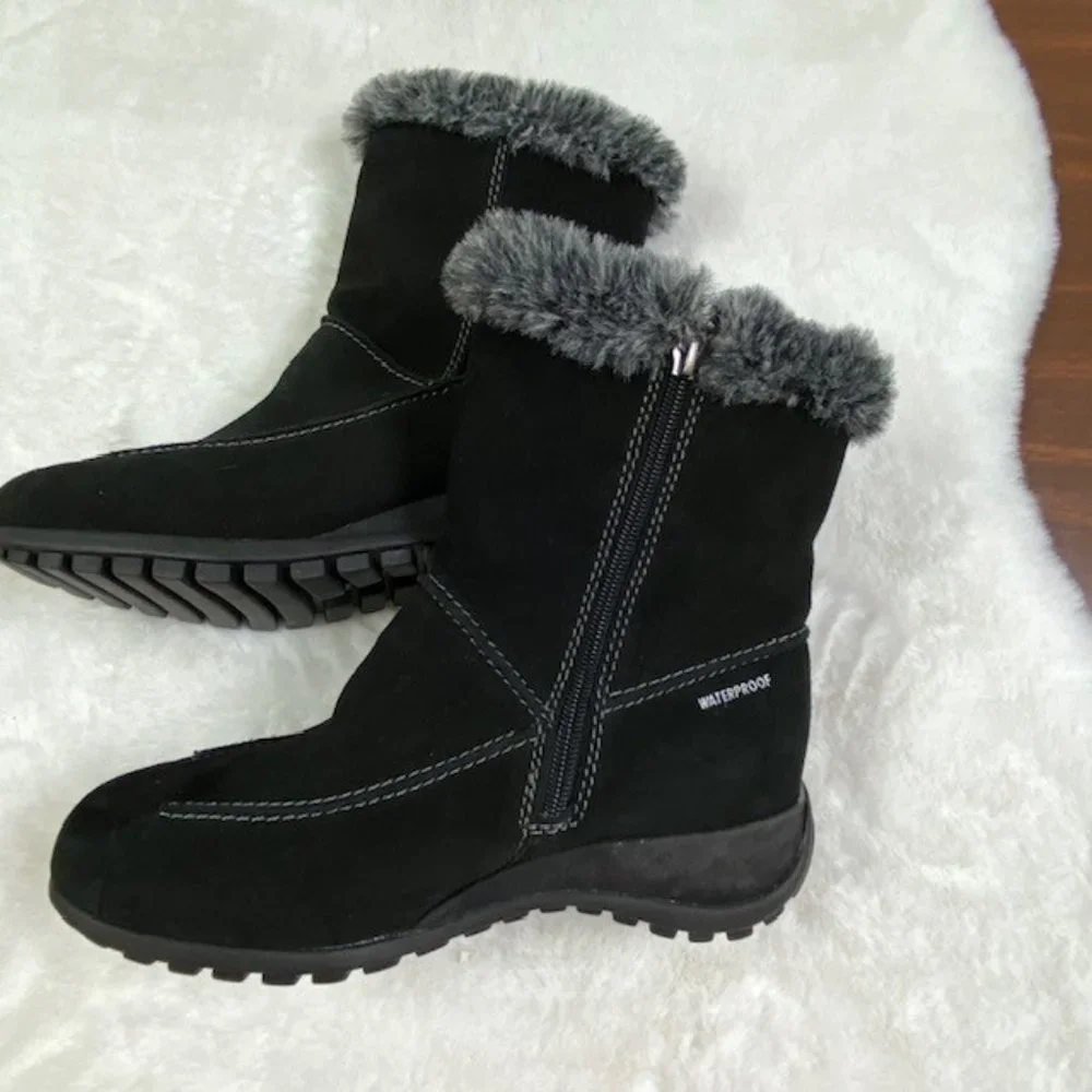 Studio Brilliant Women's‎ Black Suede Faux Fur Trim Evonna WaterProof Boots 7.5